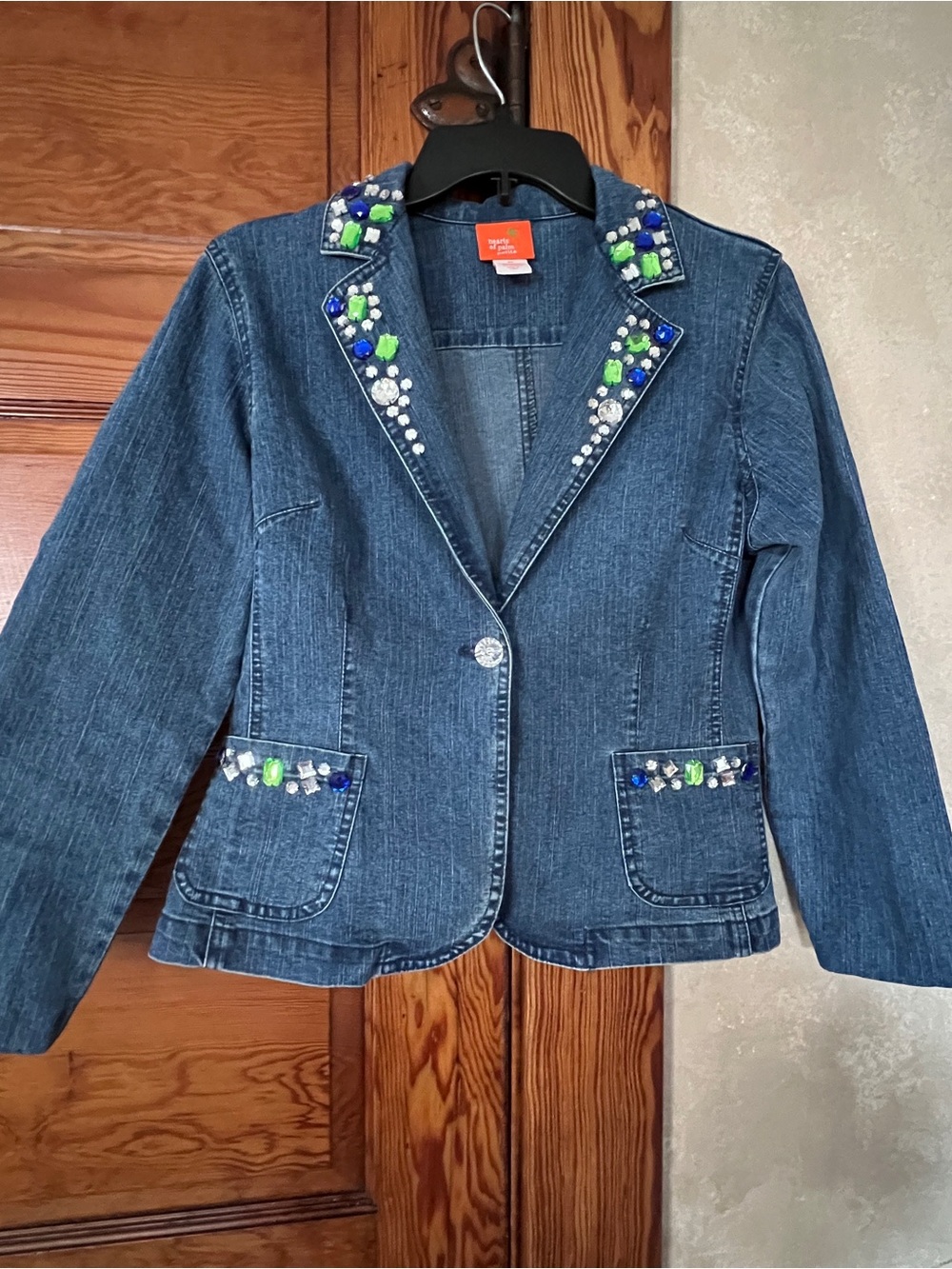 hearts of palm Embellished Denim Blazer in Blue with Green and White Accents